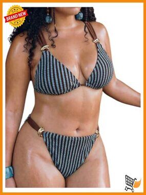 Plus Size Striped Triangle High Waisted Thong Bikini Set